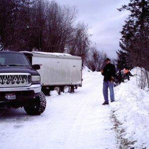 Not a good start- We were heading up, ice changed our minds and this was the results an hour later after being drug backwards by the trailer a hundred