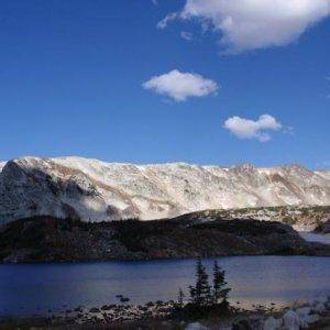 Medicine Bow Peak and Lewis Lake. The far right side of the peak is home to our infamous sled killing hill-The Widowmaker. Look it up on youtube.