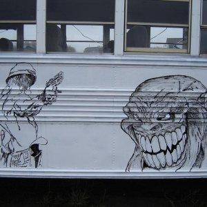 The bus  I painted with a can of tremclad and a brush