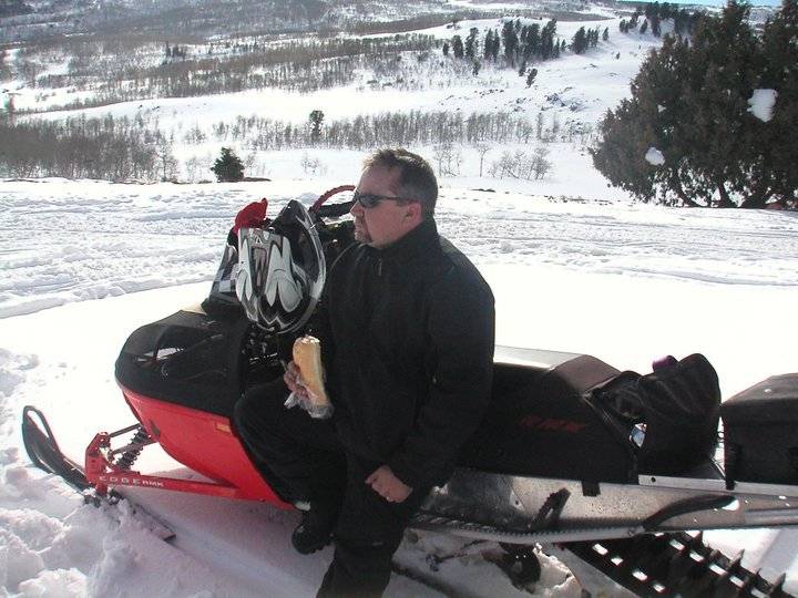 First trip out on the new sled. Eating a sandwich. 2010-2011