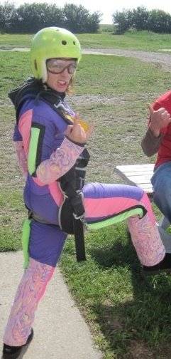 My sweet skydiving suit before heading up in the plane.  10,500ft jump, 2 front flips...friggin awesome '09