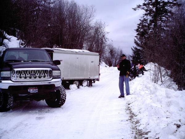 Not a good start- We were heading up, ice changed our minds and this was the results an hour later after being drug backwards by the trailer a hundred