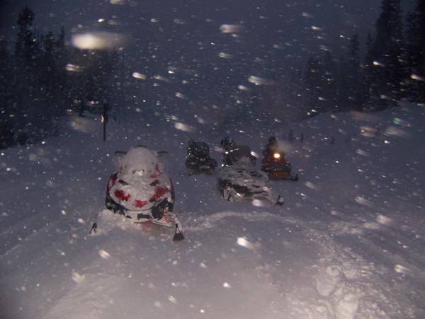 Really Snowing Christmas and Hwy 20 Snowmobile trip 12 27 08 , Heading back to the snowpark at nightfall.