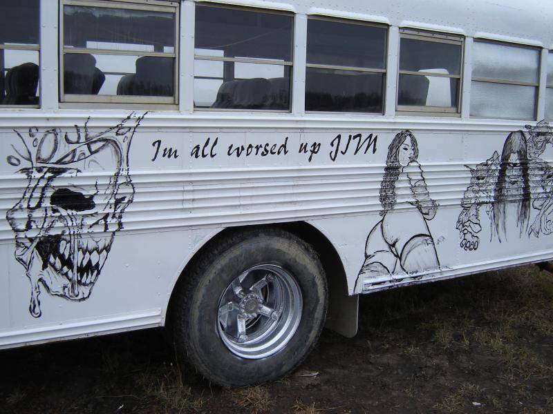 The bus  I painted with a can of tremclad and a brush