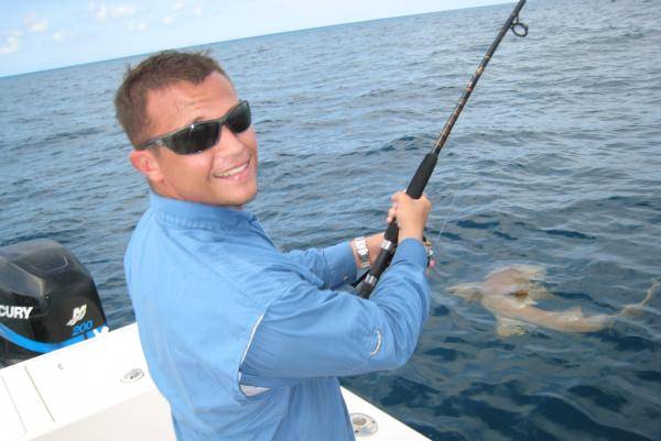 We were out grouper fishing,caught a crap load, but just under the limit. Had a little excitement! Faught him on a medium size spinning reel and rod